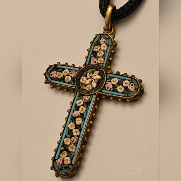 Antique Italian Mosaic Cross Pendant Necklace - Picture 2 of 14